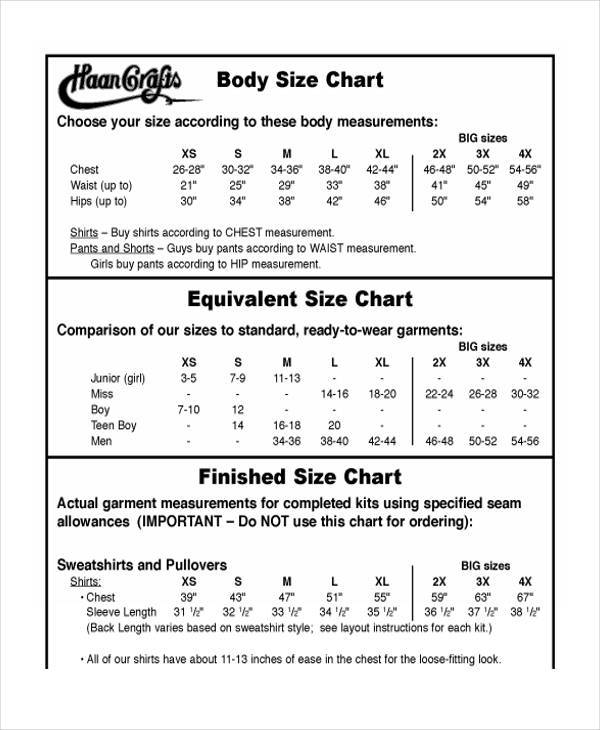 body size chart