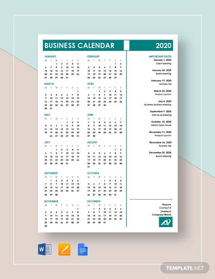 business calendar template