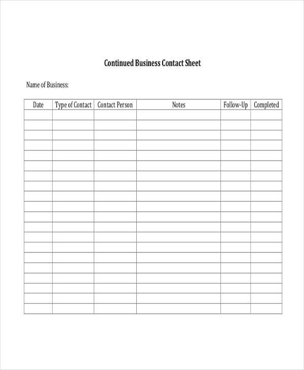 business contact sheet