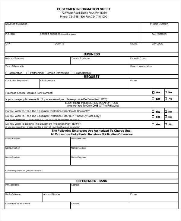 business customer information sheet