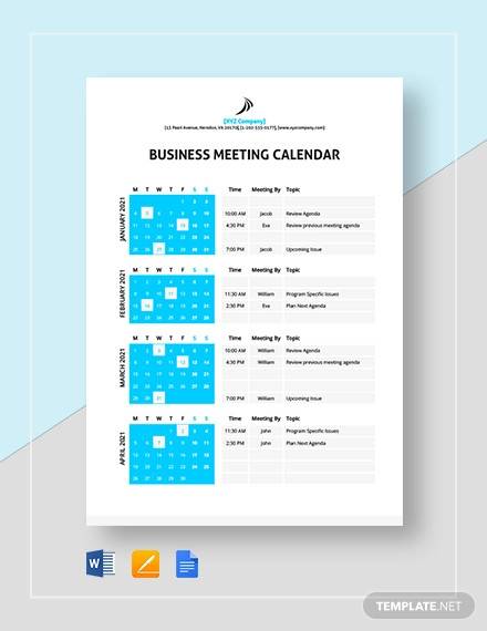 business meeting calendar template