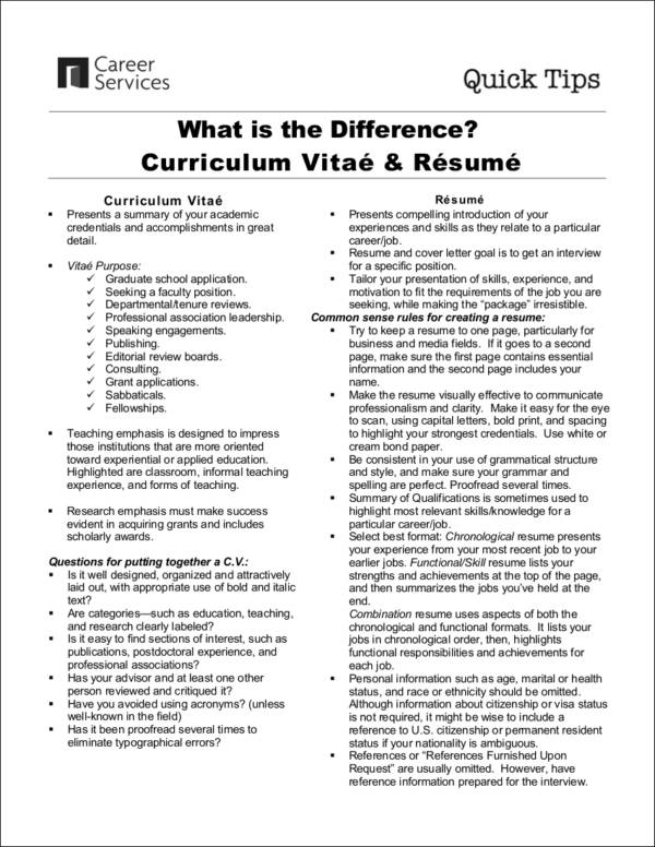 FREE CV vs. Resume  7+ Samples 