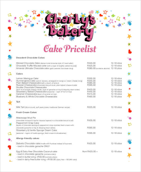 cake price list template