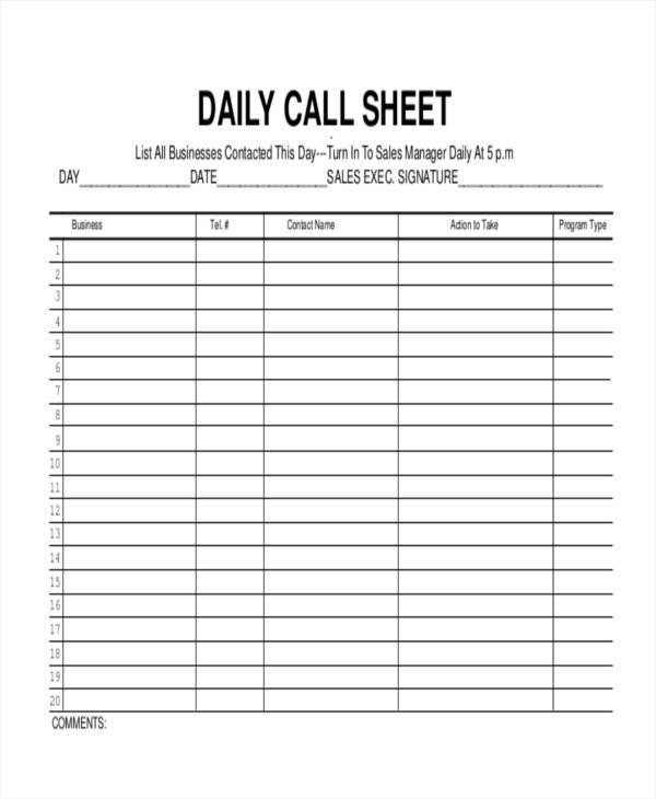 call log for daily sales1