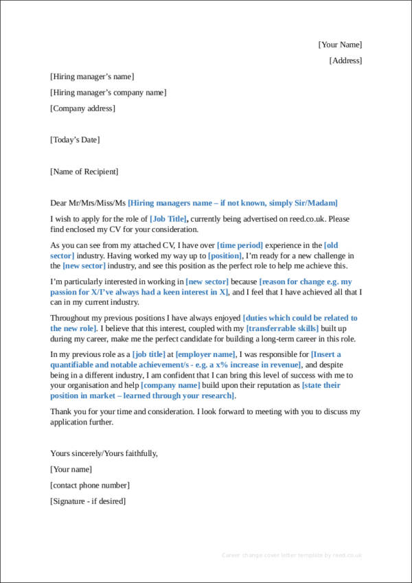 career change cover letter template