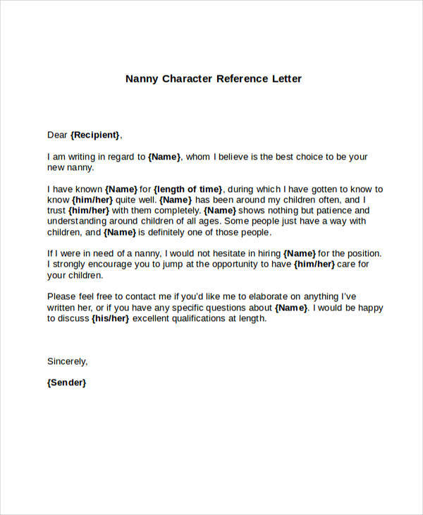 character reference letter for nanny