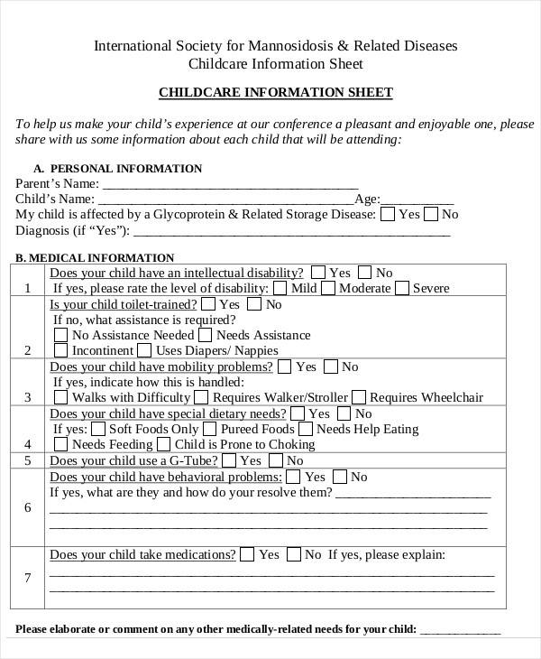 child care information sheet