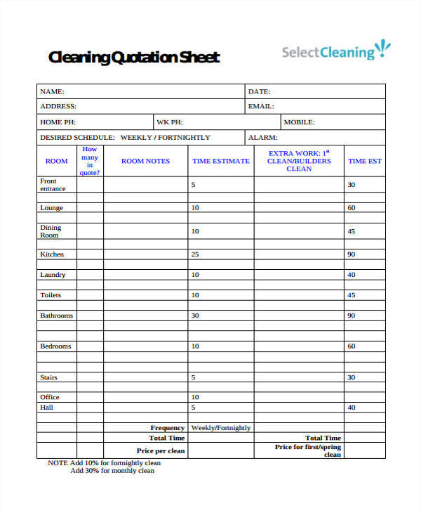 cleaning quotation sheet