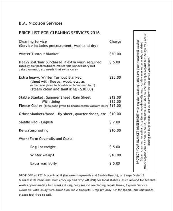 cleaning service list