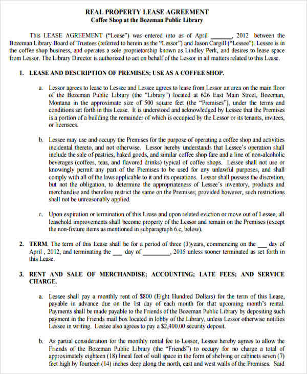 coffee shop lease sample agreement