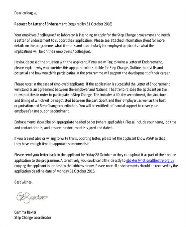 colleague endorsement request letter