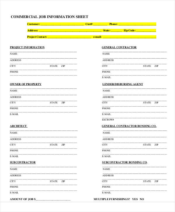 commercial job information sheet