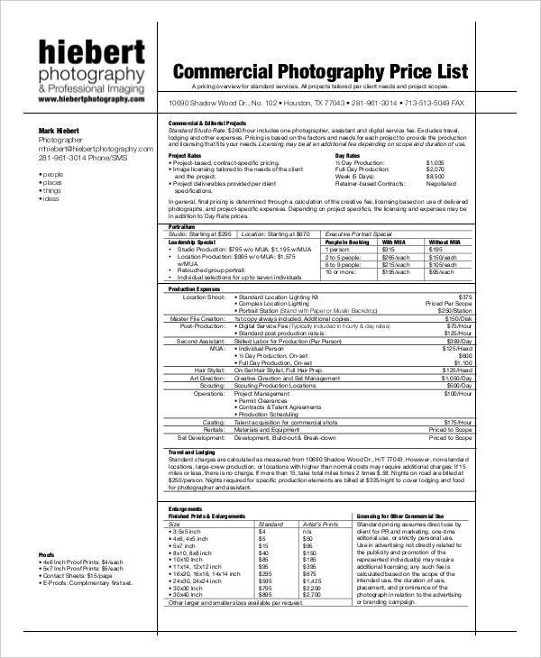 commercial photography price list 