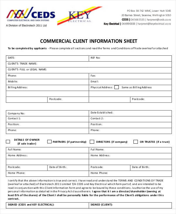 company client information sheet