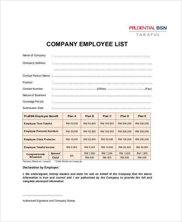 FREE 8 Employee List Samples In PDF