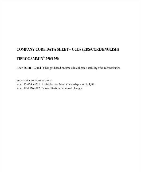 company core data sheet