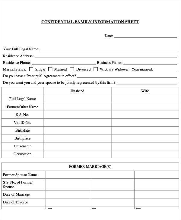 confidential family information sheet