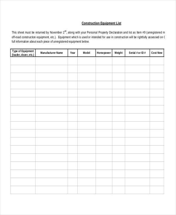 construction equipment list