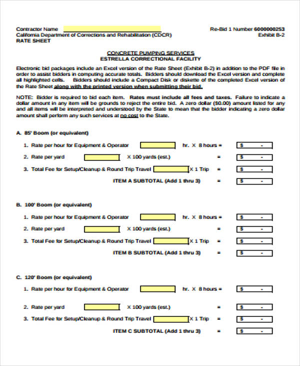 Contractor Rate Sheet Template