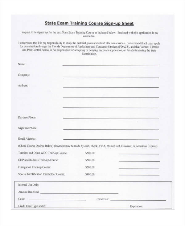 course sign up sample sheet
