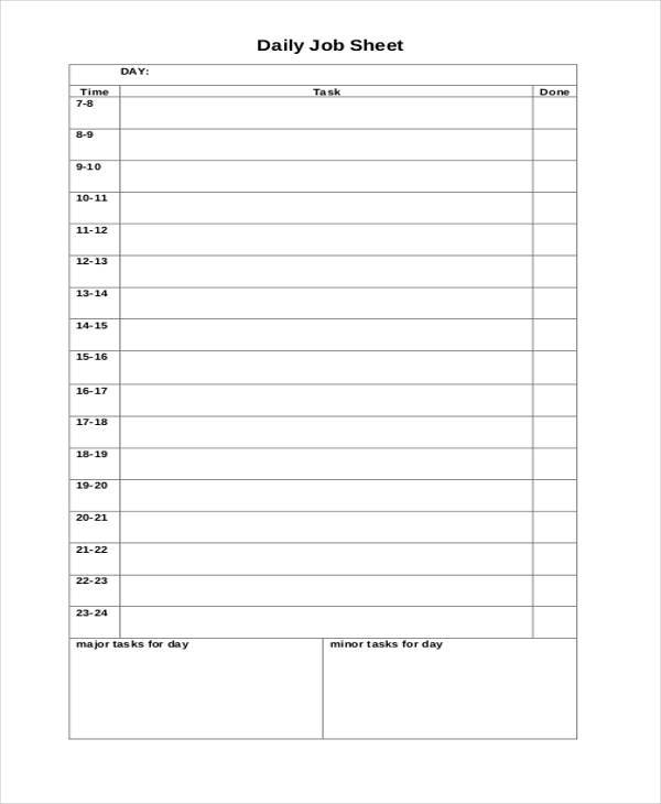 daily job sample sheet