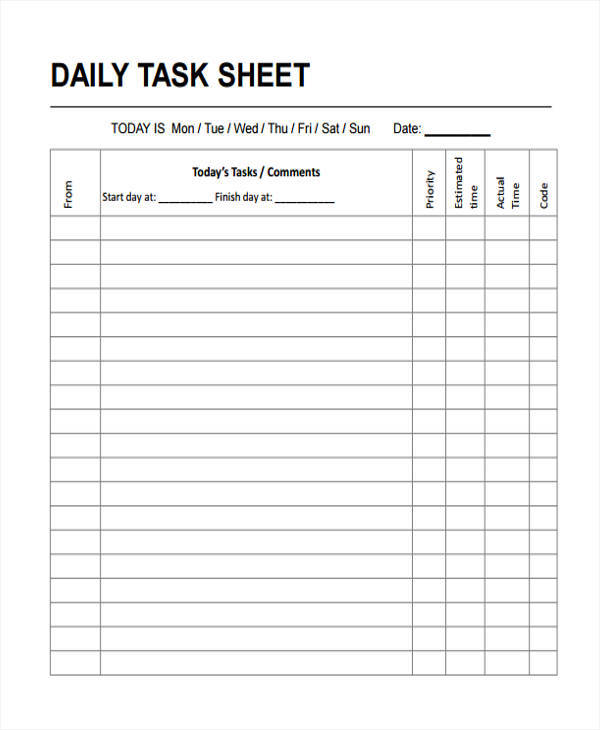 Free 15 Task Sheet Samples Templates In Pdf Ms Word