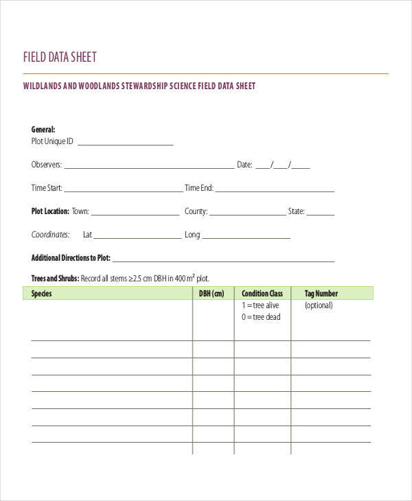 data sheet for field