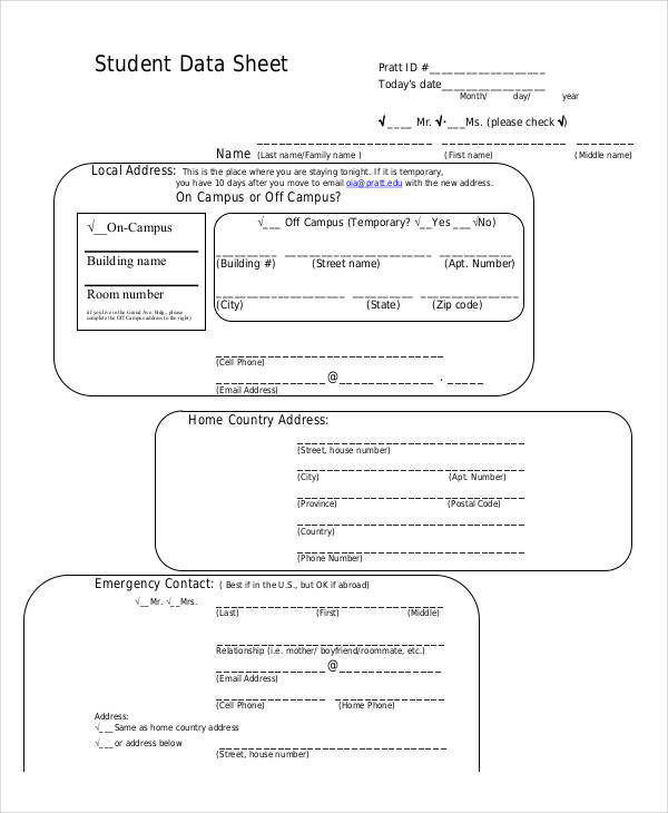 data sheet for student