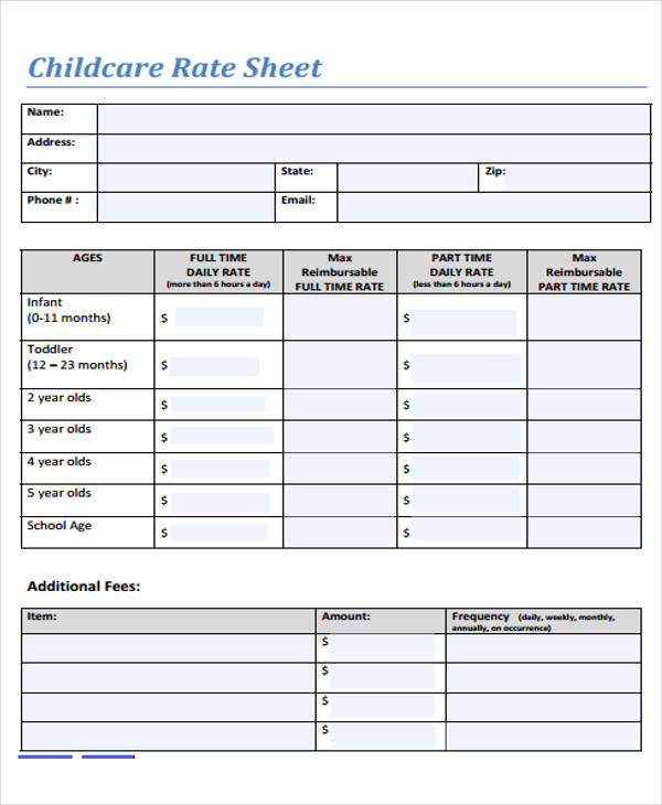 Daycare Rate Sheet Template TUTORE ORG Master Of Documents