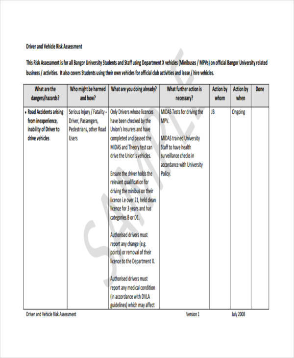 driver vehicle risk assessment form