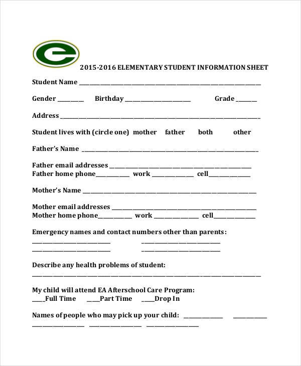 elementary student information sheet