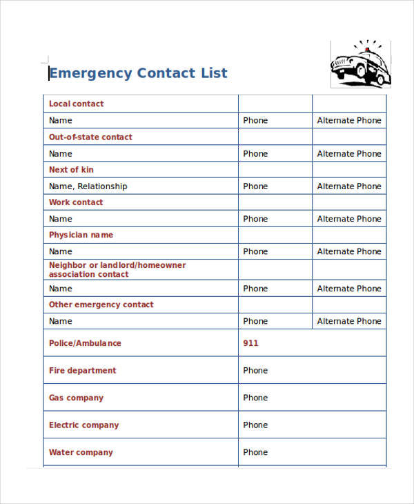 Template For Emergency Contact List