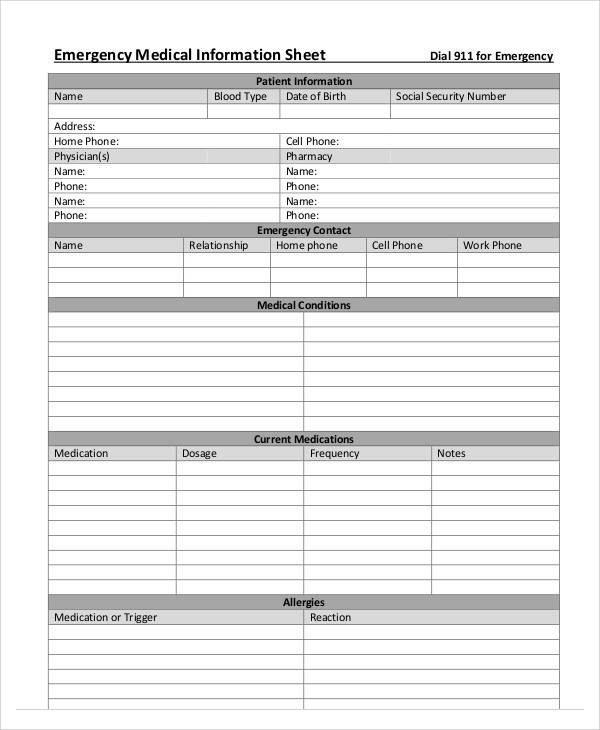 emergency medical information sheet