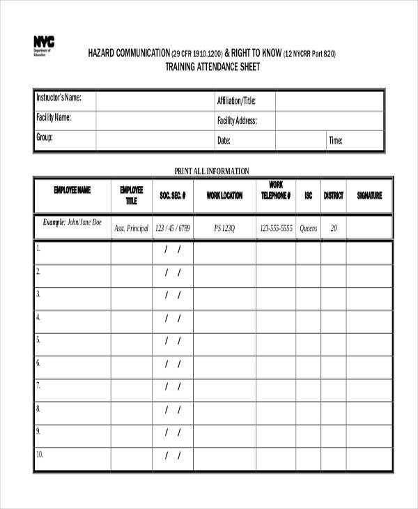 employee attendance log sheet