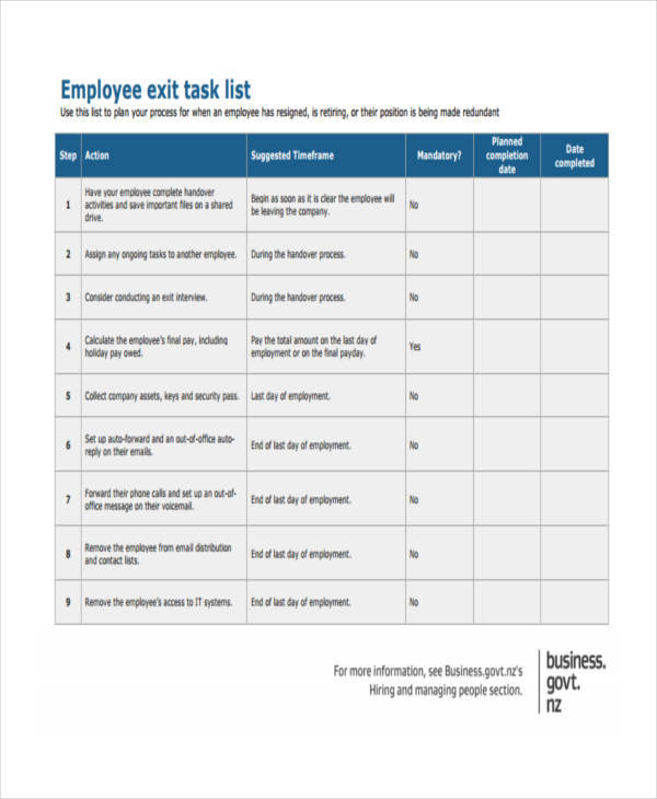 employee exit task sample list