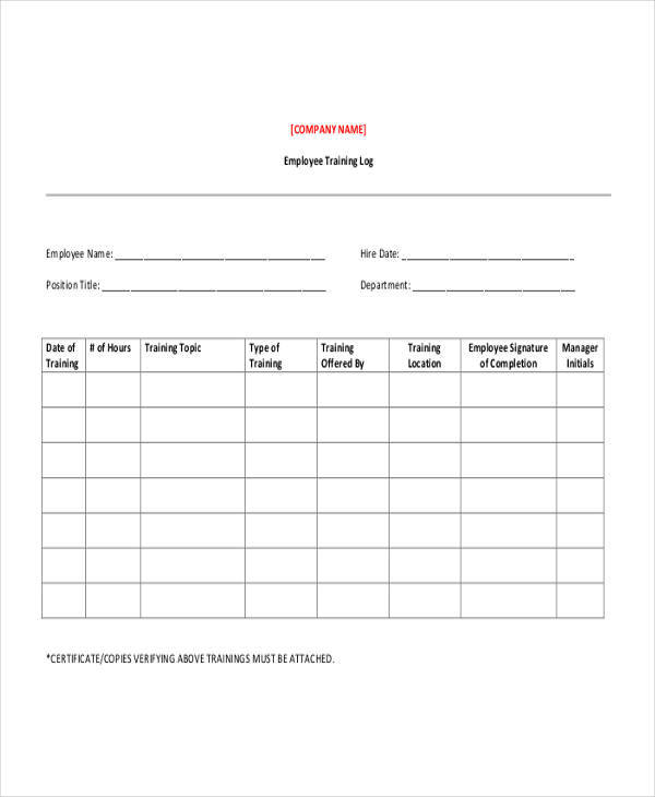 employee training log sheet