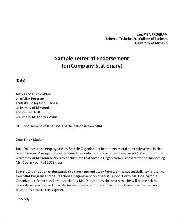 endorsement letter for business example1
