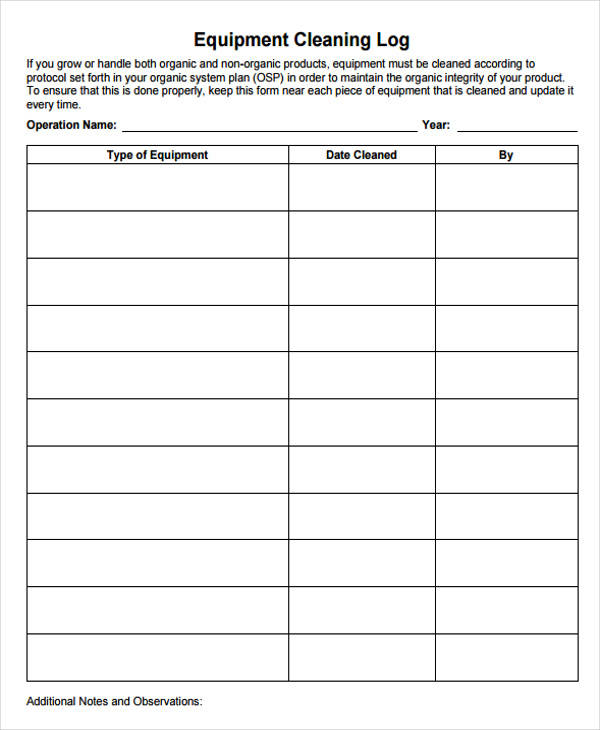 Equipment Cleaning Log Sheet Image