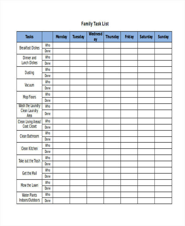 family task list format