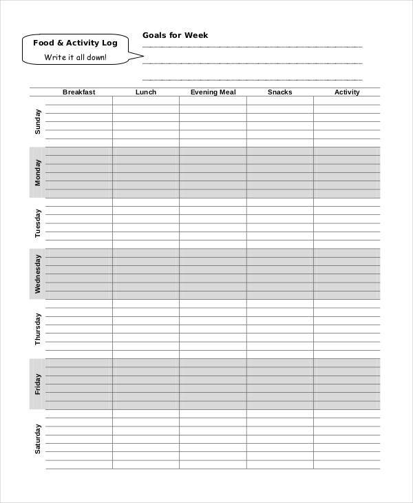 food activity log sheet