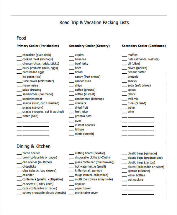 food packing list for vacation