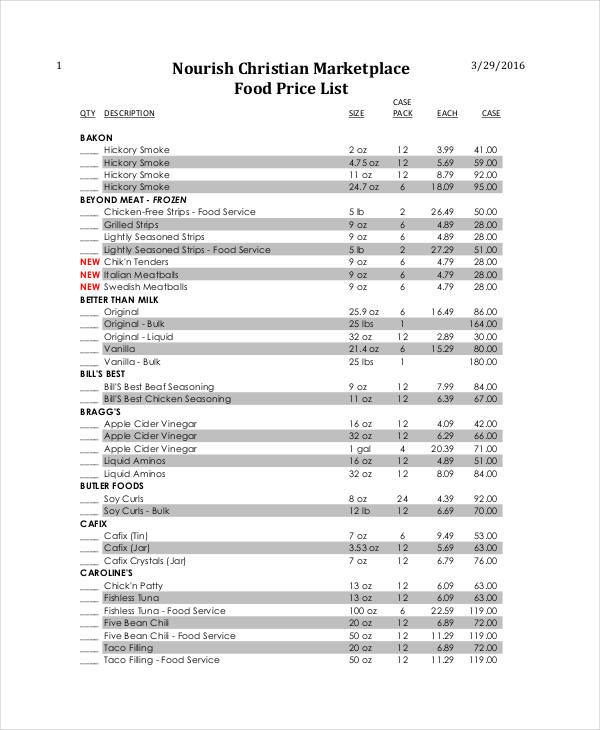 food price list