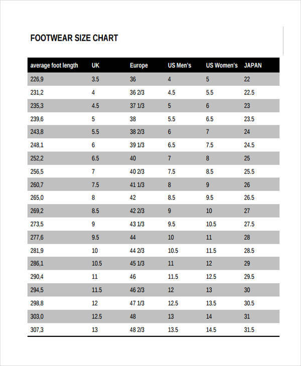 footwear size chart