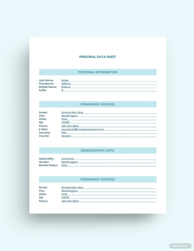 free personal data sheet template