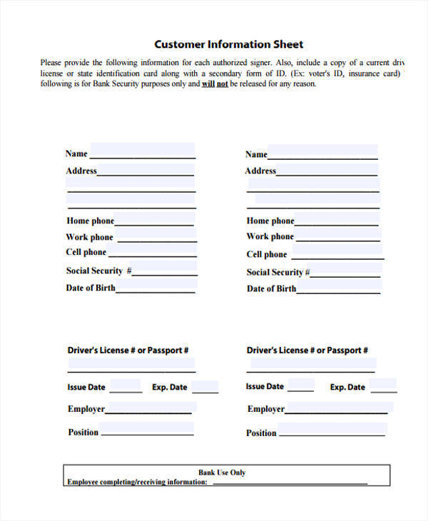 free sheet for customer information