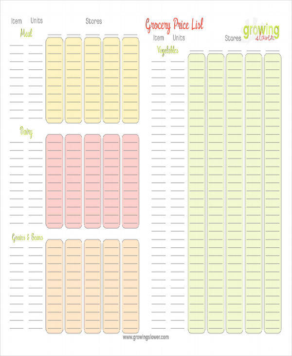 Grocery Price List Template