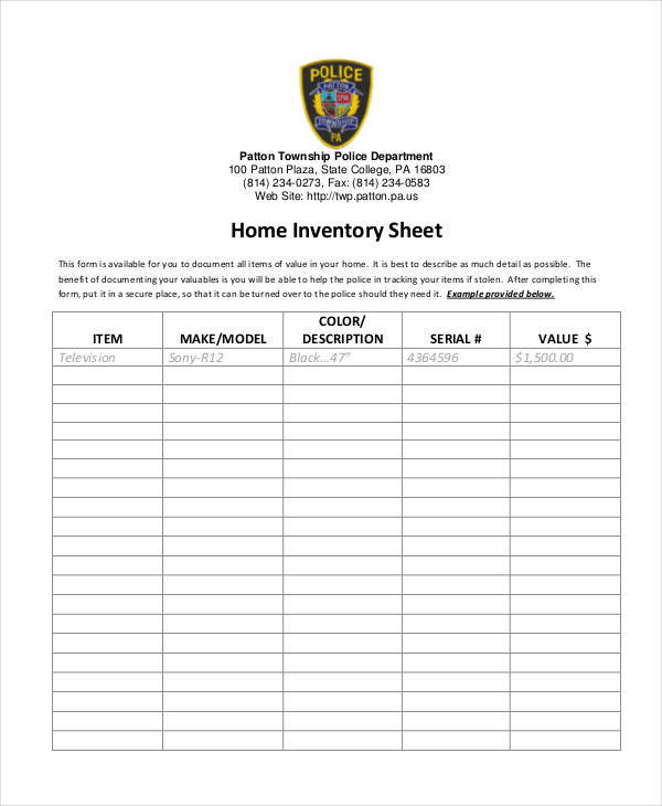 home inventory sheet