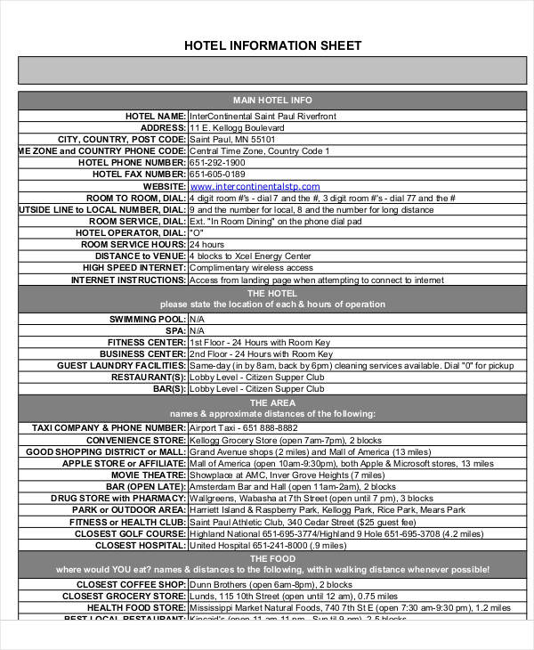 hotel daily information sheet