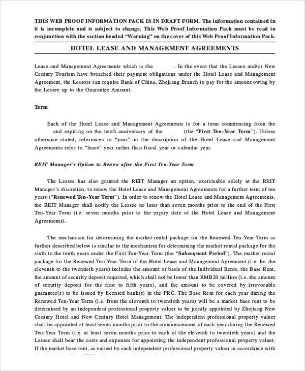 hotel management lease agreement