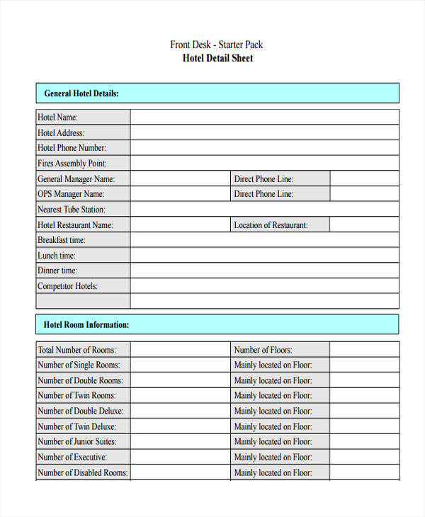 hotel room information sample sheet